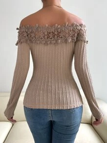 SHEIN Privé Off Shoulder Guipure Lace Trim Tee - Apricot - View 2