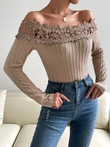 SHEIN Privé Off Shoulder Guipure Lace Trim Tee - Apricot - View 3