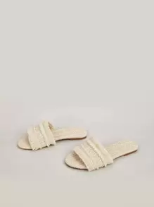 度假戶外平底拖鞋適用於女士流蘇裝飾素色草編露趾涼拖