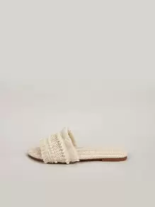 度假戶外平底拖鞋適用於女士流蘇裝飾素色草編露趾涼拖