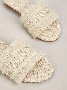 度假戶外平底拖鞋適用於女士流蘇裝飾素色草編露趾涼拖