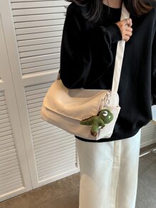 極簡翻蓋方形包帶卡通包吊飾書包適合畢業生、青少年女孩、新生、大二、初中和高中學生、大學和高中，非常適合戶外、旅行和返校 - 米色 - 查看 4