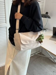 極簡翻蓋方形包帶卡通包吊飾書包適合畢業生、青少年女孩、新生、大二、初中和高中學生、大學和高中，非常適合戶外、旅行和返校 - 米色 - 查看 5