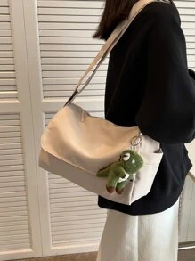 極簡翻蓋方形包帶卡通包吊飾書包適合畢業生、青少年女孩、新生、大二、初中和高中學生、大學和高中，非常適合戶外、旅行和返校 - 米色 - 查看 8