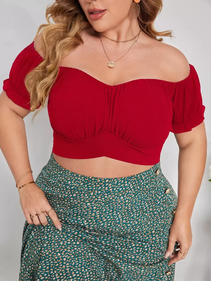 SHEIN Privé Áo sơ mi Plus Size Buộc lại Nếp gấp Phần Ngực màu trơn Giải trí - Đỏ - Xem 1