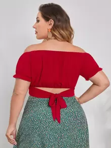 SHEIN Privé Áo sơ mi Plus Size Buộc lại Nếp gấp Phần Ngực màu trơn Giải trí - Đỏ - Xem 2