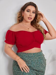SHEIN Privé Áo sơ mi Plus Size Buộc lại Nếp gấp Phần Ngực màu trơn Giải trí - Đỏ - Xem 3