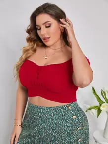 SHEIN Privé Áo sơ mi Plus Size Buộc lại Nếp gấp Phần Ngực màu trơn Giải trí - Đỏ - Xem 5