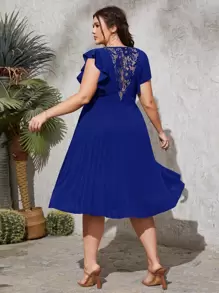 SHEIN Clasi Vestido con encaje en contraste de manga mariposa fruncido - azul real - Ver 2