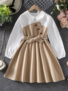 Girls Two Tone Belted Shirt Dress - Multicolor - View 1