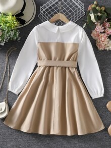 Girls Two Tone Belted Shirt Dress - Multicolor - View 2