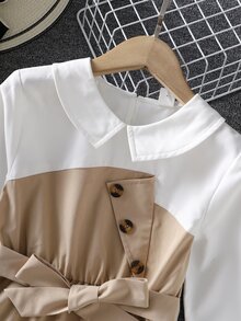 Girls Two Tone Belted Shirt Dress - Multicolor - View 5