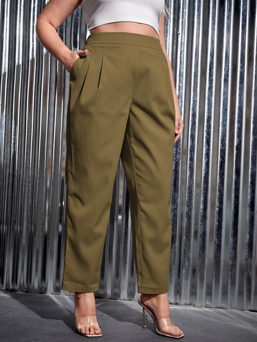 SHEIN Essnce Plus Plicated Detail Tapered Trousers - Olive Green - View 1