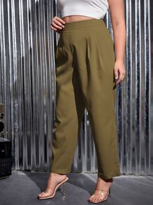 SHEIN Essnce Plus Plicated Detail Tapered Trousers - Olive Green - View 3