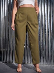 SHEIN Essnce Plus Plicated Detail Tapered Trousers - Olive Green - View 4