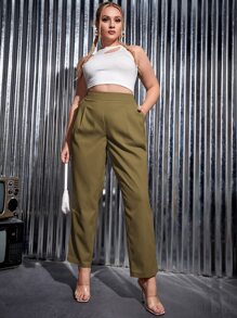 SHEIN Essnce Plus Plicated Detail Tapered Trousers - Olive Green - View 5
