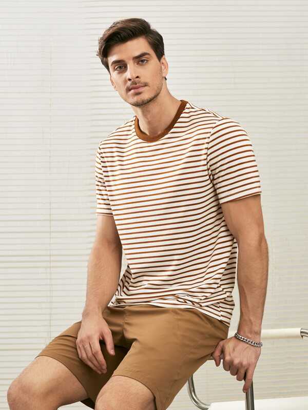 Manfinity Homme Camisetas para hombres con cuello redondo ajustado, manga corta, rayas, informal, simple, de punto, para el verano