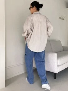 DAZY 条纹落肩衬衫、长袖上衣、秋装 - 卡其色 - 查看 2