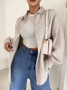 DAZY 条纹落肩衬衫、长袖上衣、秋装 - 卡其色 - 查看 3