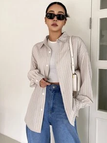 DAZY 条纹落肩衬衫、长袖上衣、秋装 - 卡其色 - 查看 4