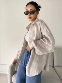 DAZY 条纹落肩衬衫、长袖上衣、秋装 - 卡其色 - 查看 7