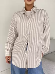 DAZY 条纹落肩衬衫、长袖上衣、秋装 - 卡其色 - 查看 9