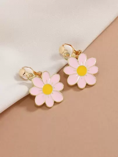 1对时尚个性可爱简约金属花朵夹式耳环，适合女性日常佩戴