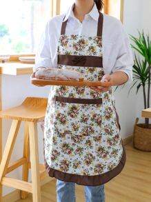 Flower Print Apron, Ruffle Polyester Apron For Household - Coffee Brown - View 1