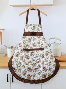 Flower Print Apron, Ruffle Polyester Apron For Household - Coffee Brown - View 2