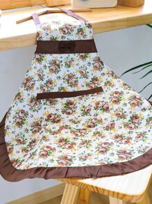 Flower Print Apron, Ruffle Polyester Apron For Household - Coffee Brown - View 6