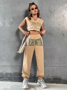 SHEIN Unity Letter Graphic Crop Tank Top & Joggers - Apricot - View 6