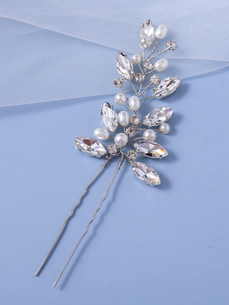 Rhinestone & Faux Pearl Decor Bridal Hair Pin - Silver - View 1
