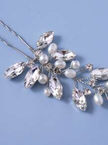 Rhinestone & Faux Pearl Decor Bridal Hair Pin - Silver - View 3