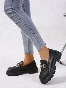 女式加大码黑色厚底一脚蹬乐福鞋 - 黑色 - 查看 2