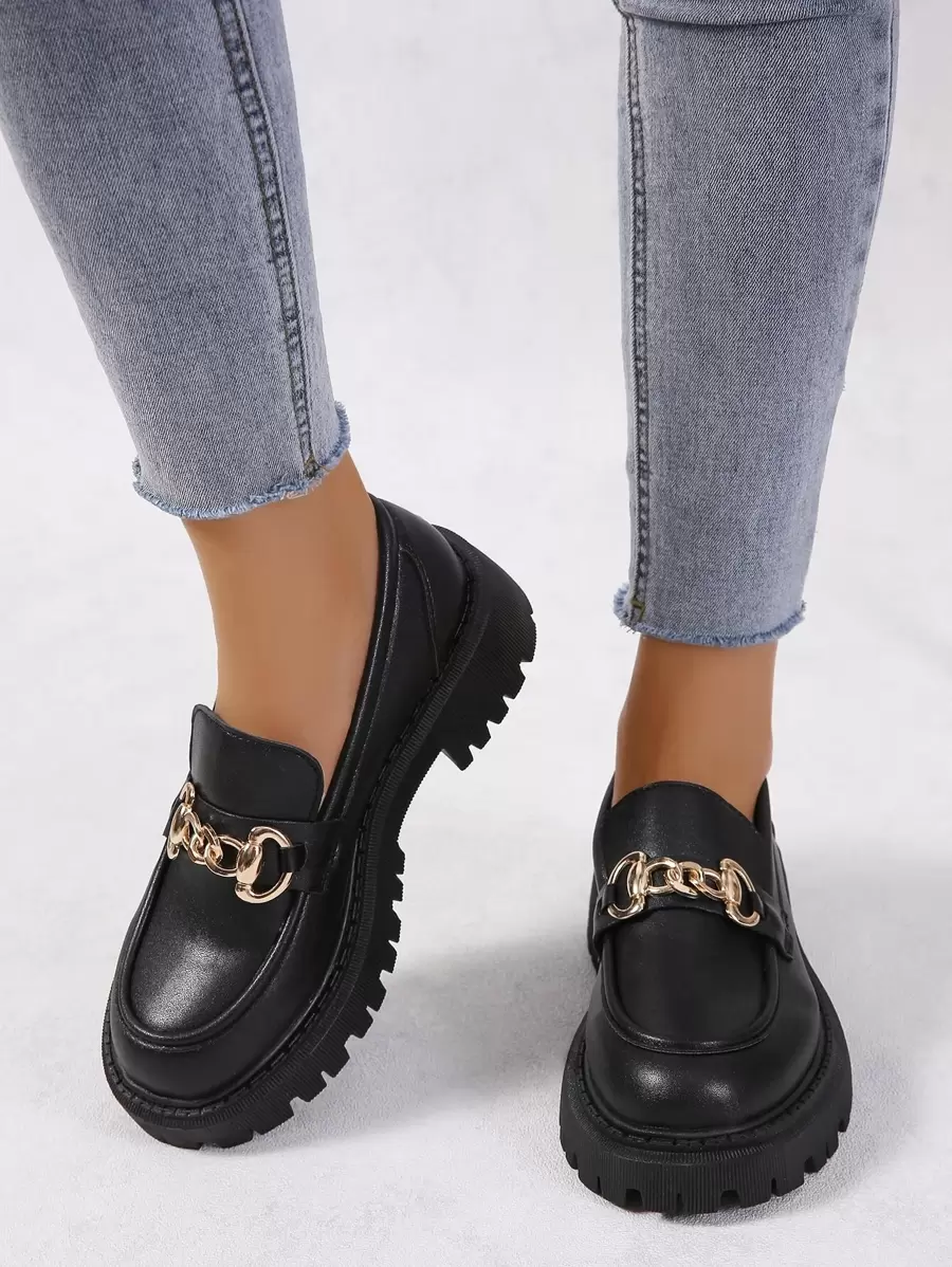 女式加大码黑色厚底一脚蹬乐福鞋 - 黑色 - 查看 1