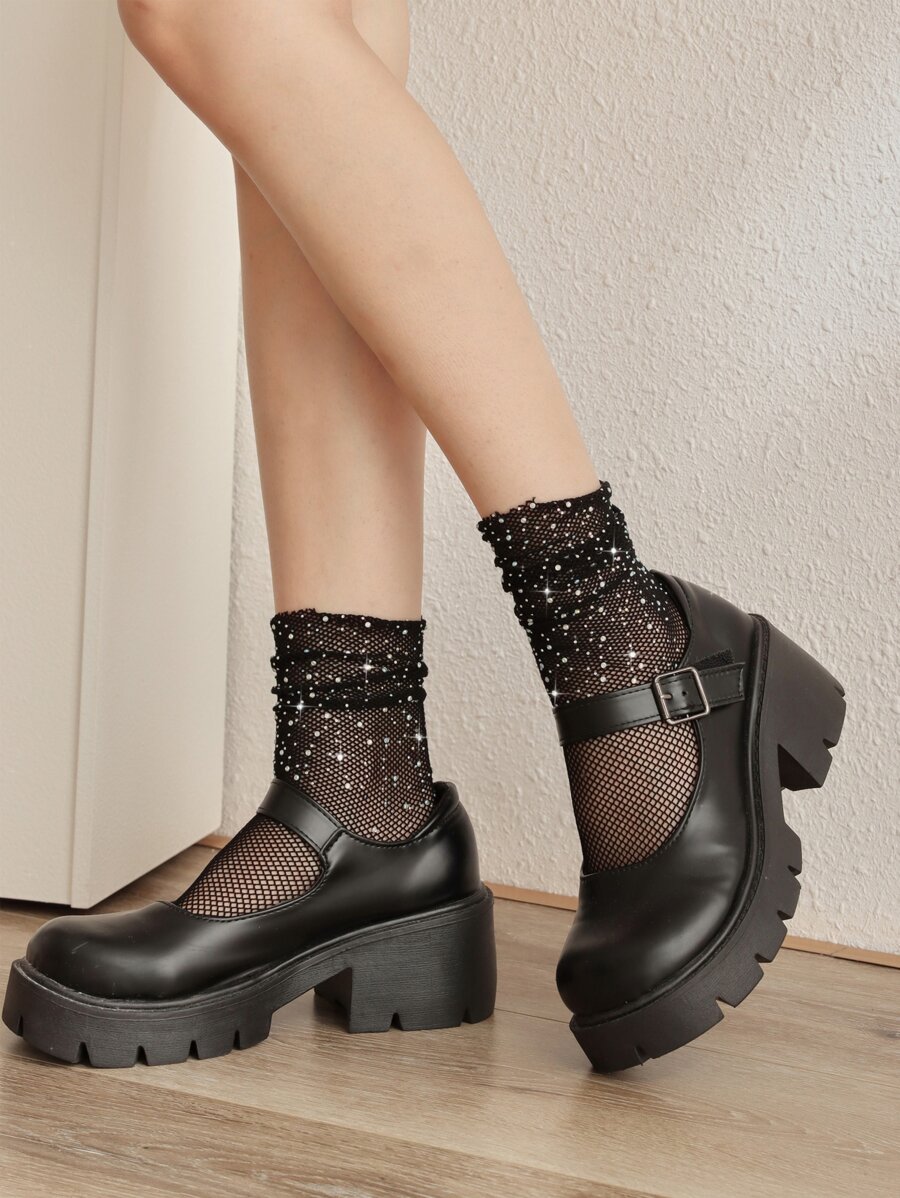 Fishnet Stockings With Rhinestone Strap - Black - View 1