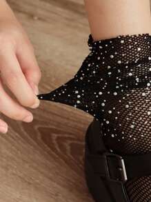 Fishnet Stockings With Rhinestone Strap - Black - View 2