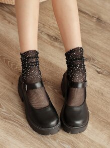 Fishnet Stockings With Rhinestone Strap - Black - View 6