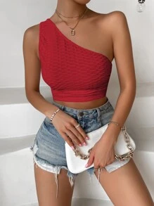 One Shoulder Honeycomb Textured Ruched Crop Top - Red - View 1