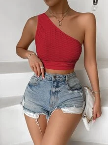 One Shoulder Honeycomb Textured Ruched Crop Top - Red - View 3
