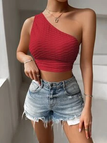 One Shoulder Honeycomb Textured Ruched Crop Top - Red - View 4