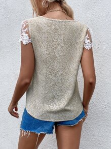 SHEIN LUNE 滿版印花蕾絲拼接襯衫 - 卡其色 - 查看 2