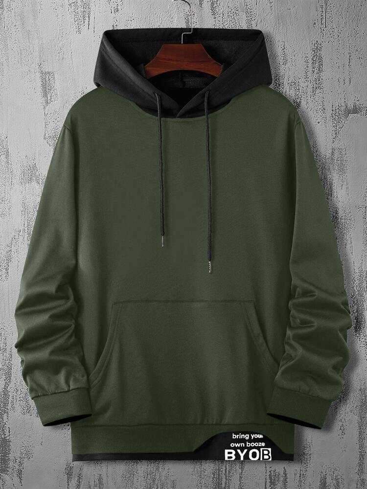 Manfinity Hypemode Men Slogan Graphic Colorblock Kangaroo Pocket Drawstring  Hoodie | SHEIN