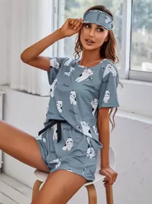 Conjunto de pijama con parte superior con gráfico de dibujos animados y letras y pantalones cortos con nudo en la cintura - Neblina azul - Ver 1