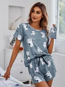 Conjunto de pijama con parte superior con gráfico de dibujos animados y letras y pantalones cortos con nudo en la cintura - Neblina azul - Ver 6