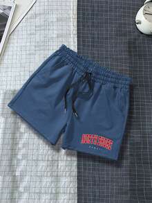 Manfinity Campus Court Hombres Shorts con estampado de letra de cintura con cordón - Azul Marino - Ver 1