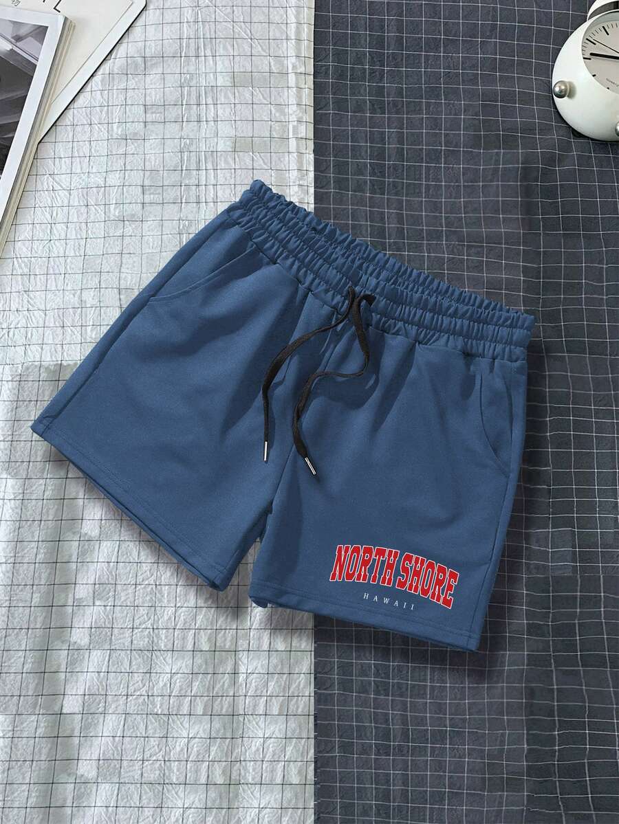 Manfinity Campus Court Hombres Shorts con estampado de letra de cintura con cordón - Azul Marino - Ver 1