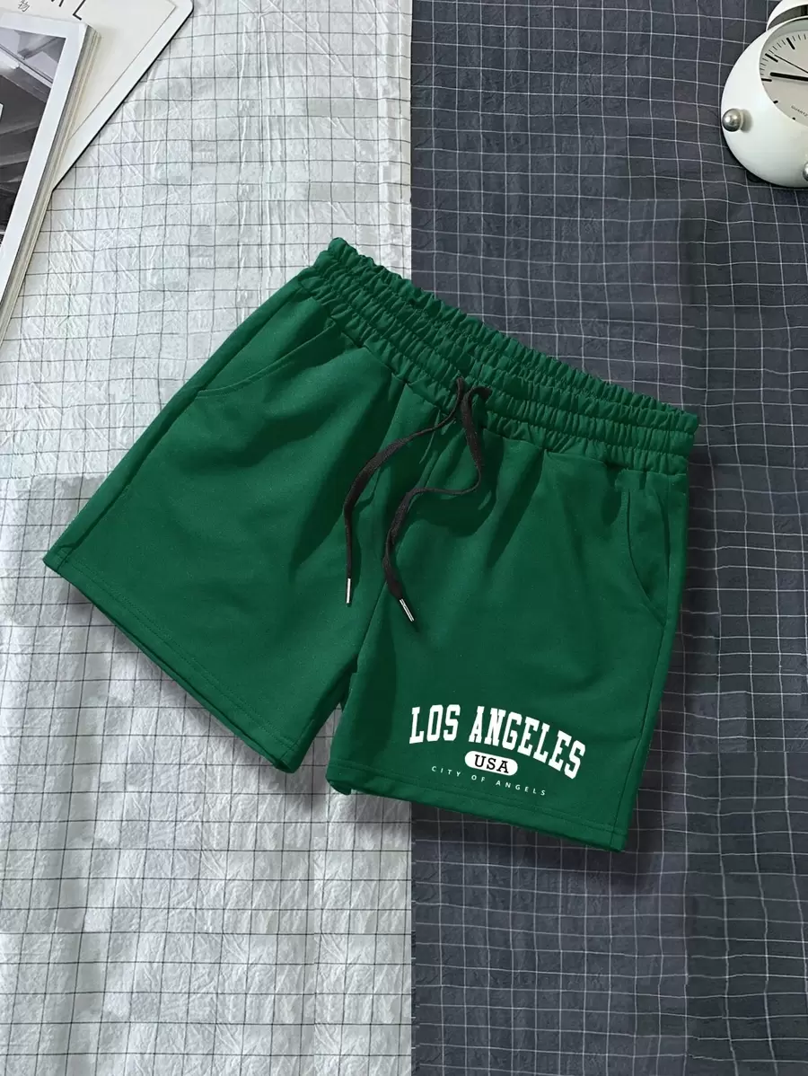 Manfinity EZcore Men Letter Graphic Drawstring Waist Shorts - Dark Green - View 1