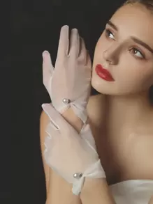 1 paire de gants de mariée élégants avec décoration de faux perles, gants blancs pour robes de mariée, accessoires d'automne, accessoires de la Saint-Valentin - Blanc - Voir 3