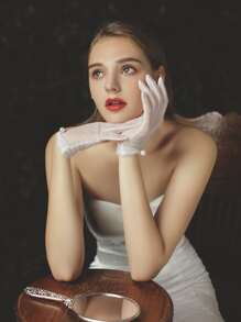 1 paire de gants de mariée élégants avec décoration de faux perles, gants blancs pour robes de mariée, accessoires d'automne, accessoires de la Saint-Valentin - Blanc - Voir 5